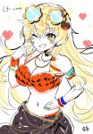  +_+ 1girl alternate_costume alternate_eye_color alternate_hair_color artist_name black_sarong blonde_hair blush bracelet breasts chinese_commentary cleavage commentary_request eyewear_on_head green_nails grin hand_on_own_hip heart highres jewelry kochiya_sanae kochiya_sanae_(human-deity_duality) l0e9s29p large_breasts long_hair looking_at_viewer navel one_eye_closed sarong smile solo sparkle stomach touhou touhou_lostword v very_long_hair yellow_eyes 