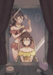  2girls alternate_costume brown_hair brushing_another's_hair brushing_hair chair closed_eyes closed_mouth collarbone commentary_request cropped_shirt dancer double-parted_bangs earrings eyelashes hair_between_eyes highres hoop_earrings indoors jewelry multiple_girls octopath_traveler octopath_traveler_i off-shoulder_shirt off_shoulder on_chair open_mouth osezatta primrose_azelhart red_shirt shirt sitting smile tressa_colzione 