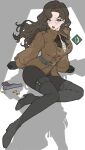  1girl ammunition ascot black_boots black_bow black_bowtie black_gloves black_pants blush boots bow bowtie breasts brown_hair brown_jacket commentary_request full_body gloves green_eyes gun handgun high_heels highres jacket jajimalgeol korean_commentary large_breasts long_sleeves looking_at_viewer makarov_pm moldir_(reverse:1999) open_mouth pants reverse:1999 shadow sitting solo thigh_boots wavy_hair weapon white_ascot yokozuwari 
