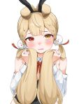  1girl alice_thymefield animal_ears blonde_hair blush breasts cleavage commentary_request embarrassed heterochromia highres i3ebiebi long_hair low_twintails playboy_bunny rabbit_ears red_eyes solo twintails yellow_eyes zenless_zone_zero 