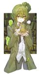  1boy :o ati_cangshu bishounen black_pants bookshelf chinese_commentary coat collared_shirt commentary_request cowboy_shot creature cropped_legs dress_shirt floor_of_art's_glowing_creature folded_ponytail green_coat green_hair hands_up highres holding holding_creature lapels library library_of_ruina light_blush long_sleeves male_focus necktie netzach's_painting netzach_(project_moon) open_clothes open_coat open_mouth pants project_moon shirt single_sidelock solo undone_necktie white_background white_shirt yellow_eyes 