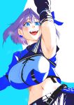  1girl absurdres arm_up armpits asymmetrical_clothes asymmetrical_sleeves belt blue_background blue_eyes blue_hair blue_pants blue_shirt bow bow_earrings breasts center_frills collared_shirt commentary cowboy_shot cropped_shirt detached_sleeves earrings english_commentary fanged_bangs frills hair_intakes highres hololive hololive_english hololive_idol_uniform_(color_rise) huge_breasts idol idol_clothes jewelry midriff mismatched_sleeves multicolored_shirt navel official_alternate_costume open_mouth ouro_kronii pants shirt short_hair sidelighting simple_background single_detached_sleeve single_sleeve smile solo steaming_body sweat teeth two-tone_background upper_teeth_only virtual_youtuber white_background white_shirt zero_(muftisaili) 