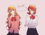  2girls absurdres alternate_hair_length_(longer) alternate_hair_length_(shorter) alternate_hairstyle arrow_(symbol) black_skirt bow bowtie breasts brown_eyes brown_hair cardigan closed_eyes closed_mouth collar cowboy_shot earrings english_text flipped_hair gekkoukan_high_school_uniform hairstyle_switch hand_up head_tilt highres jewelry kirijou_mitsuru long_hair long_sleeves looking_at_viewer loose_bowtie multiple_girls nepturi nervous_smile persona persona_3 pink_cardigan red_bow red_bowtie red_hair ribbon school_uniform shirt short_hair simple_background skirt smile straight-on stud_earrings sweatdrop takeba_yukari wavy_hair white_collar white_shirt wing_collar 
