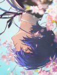  1boy black_jacket blue_eyes blue_hair blue_sky cherry_blossoms commentary_request digital_walkman flower gekkoukan_high_school_uniform headphones highres jacket looking_afar male_focus mp3_player persona persona_3 school_uniform shirt sky solo white_shirt yuan_quanquan_ren yuuki_makoto_(persona_3) 