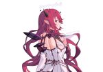  1girl absurdres asymmetrical_wings black_horns clothing_cutout commentary crystal_wings detached_wings double_halo dress earrings english_commentary halo hand_on_own_shoulder highres hololive hololive_english horns irys_(hololive) irys_(irys_2.0)_(hololive) jewelry juliet_sleeves long_hair long_sleeves looking_at_viewer looking_back median_furrow multicolored_hair pink_eyes pointy_ears puffy_sleeves purple_hair red_streaks shift_(shiftillust) shoulder_blades shoulder_cutout simple_background solo star-shaped_pupils star_(symbol) star_halo streaked_hair symbol-shaped_pupils transparent_background upper_body very_long_hair virtual_youtuber white_background white_dress wide_sleeves wings 