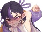  1girl absurdres black_hair breasts cchiii coat commentary_request earrings goddess_of_victory:_nikke grin hair_ribbon highres jewelry korean_commentary looking_at_viewer medium_hair mole mole_under_eye multicolored_hair necktie pointing pointing_at_viewer purple_coat purple_eyes purple_nails purple_necktie purple_ribbon purple_streaks ribbon shirt sideboob simple_background sleeveless sleeveless_shirt small_breasts smile solo streaked_hair syuen_(nikke) teeth white_background white_shirt white_streaks 