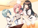  3girls :d :o ^_^ black_bow black_bowtie black_trim blunt_bangs blurry blush bow bowtie bracelet breasts brown_hair carpet clip_studio_paint_(medium) clipboard closed_eyes collared_shirt commentary_request cup dot_nose dress ear_cleaning from_side hair_between_eyes hair_ornament hair_scrunchie hand_on_another's_shoulder holding holding_clipboard indoors jewelry large_breasts leaning_on_person long_hair long_sidelocks looking_at_viewer looking_to_the_side low_side_ponytail makeup medium_breasts medium_hair mimikaki mole mole_under_mouth multiple_girls nail_polish official_art original pink_hair pokachu puffy_short_sleeves puffy_sleeves red_eyes red_lips red_nails rouge_(makeup) scrunchie shirt short_hair short_sleeves side_ponytail sidelocks small_breasts smile standing turning_head upper_body white_dress 