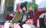  3girls absurdres angels_of_delusion aqua_streaks aria_(human)_(zenless_zone_zero) aria_(zenless_zone_zero) asymmetrical_bangs bag bangboo_(zenless_zone_zero) black_choker black_hair black_jacket black_pantyhose black_skirt blunt_bangs bow choker colored_inner_hair commentary drooling green_bow green_hair green_halo green_skirt hair_bow hair_ornament hairclip halo headset highres jacket k2_(jack_lin) multicolored_hair multiple_girls multiple_hair_bows multiple_hairclips nangong_yu necktie open_clothes open_jacket pantyhose pink_bag pink_hair pleated_skirt ponytail quad_tails red_jacket sailor_collar school_bag school_uniform shirt sitting skirt sleeping sleeping_on_person streaked_hair sunna_(zenless_zone_zero) sweater sweater_vest thighhighs too_many_bows train_interior twintails white_sailor_collar white_shirt white_thighhighs white_wings wings zenless_zone_zero 