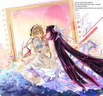  2girls absurdres alternate_costume bare_shoulders blue_eyes bonnet bouquet bow bridal_veil brown_hair closed_eyes columbina_(genshin_impact) detached_sleeves dress flower genshin_impact gloves hair_bow hair_flower hair_ornament hair_ribbon hairband highres holding holding_bouquet long_hair long_sleeves looking_at_another multiple_girls purple_eyes purple_hair ribbon sandrone_(genshin_impact) smile veil very_long_hair wedding_dress white_bonnet white_dress white_gloves wing_hair_ornament wings yuri zahauku 
