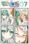  1boy 1girl 4koma :&lt; blonde_hair blue_eyes blush catstudioinc_(punepuni) closed_eyes comic cosplay crossdressing green_eyes green_hair hair_ornament hair_ribbon hairclip hatsune_miku highres kagamine_len kagamine_rin kagamine_rin_(cosplay) left-to-right_manga long_hair necktie open_mouth otoko_no_ko ribbon short_sleeves surprised sweat thai translated very_long_hair vocaloid 