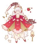  1girl animal_ears ao_nhat_binh blush chichitori commission food food-themed_hair_ornament frilled_sleeves frills fruit green_ribbon green_skirt hair_ornament highres original patterned_clothing ribbon shoes skirt strawberry strawberry_hair_ornament viet_lolita vietnamese_clothes white_background white_hair wide_sleeves yellow_eyes 