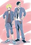  2boys adoptive_siblings black_hair black_shoes blonde_hair blue_eyes blue_jacket blue_shoes boruto:_naruto_next_generations boruto_(series) brothers commentary_request dated facial_mark facial_tattoo hand_on_own_hip hands_on_own_hips jacket kawaki_(boruto) loose_necktie makio1313 male_focus multicolored_hair multiple_boys naruto_(series) necktie one_eye_closed pants pants_rolled_up school_uniform shoes siblings signature smile tattoo twitter_username two-tone_hair undercut uzumaki_boruto whisker_markings 