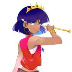  1girl aqua_eyes bandeau bare_shoulders belt blue_gem blue_hair blunt_ends bob_cut bracelet brown_belt brown_sash chinese_commentary circus commentary cropped_vest dark-skinned_female dark_skin earrings expressionless from_side fushigi_no_umi_no_nadia gem gold_bracelet gold_earrings gold_tiara hair_ornament hairclip highres holding_baton hoop_earrings jewelry lius_(pixiv_122597750) looking_at_viewer looking_to_the_side midriff nadia_la_arwall neck_ring open_clothes open_vest purple_hair red_gem red_vest serious short_hair simple_background solo strapless tiara tube_top twirl_baton upper_body vest white_background white_bandeau 