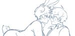  2boys animal_ears ass character_request commentary copyright_request eye_contact flustered highres huge_ass looking_at_another monochrome multiple_boys rabbit_ears rabbit_tail refrainbow sweatdrop tail untranslatable_commentary yaoi 