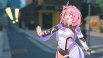  ! !! 1girl black_shorts black_shrug blush_stickers breasts commentary_request corset elf elysia_(honkai_impact) elysia_(miss_pink_elf)_(honkai_impact) game_screenshot_background hair_intakes hair_ornament highres honkai_(series) honkai_impact_3rd lty-d medium_breasts mihoyo pink_hair pointy_ears screenshot_background short_shorts shorts shrug_(clothing) smile solo white_corset zenless_zone_zero 