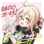  1girl ahoge anniversary artoria_pendragon_(fate) black_jacket blonde_hair braid commentary_request crown_braid fate/grand_order fate_(series) glasses hair_ribbon headphones headphones_around_neck jacket mysterious_heroine_x_alter_(fate) mysterious_idol_x_alter_(tour_outfit)_(fate) open_mouth ribbon shirt short_hair signature smile tokio_saotome watch white_shirt wristband wristwatch yellow_eyes 