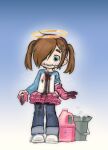  1girl 482egg blood blood_on_clothes blood_on_gloves blue_eyes blue_pants blue_shoes braces brown_hair bucket commentary english_commentary full_body gloves gradient_background hair_ornament hairband hairclip halo holding holding_gloves holding_unworn_clothes original pants pants_under_skirt parallel_hairclips pink_gloves pink_hairband raglan_sleeves raised_eyebrows sawyer_(482egg) shoes single_glove smile solo tareme thick_eyebrows traditional_halo tutu twintails unworn_gloves 