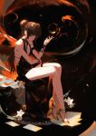  1girl absurdres ahoge bangle bare_shoulders black_background black_dress bracelet breasts brown_hair cleavage closed_mouth commentary_request dress dsr-50_(girls'_frontline) evening_gown from_side full_body fuujin_(windust_michio) girls'_frontline girls'_frontline_2:_exilium gold_shoes hair_bun halter_dress halterneck hand_up high_heels highres jewelry long_hair looking_at_viewer loreley_(girls'_frontline_2) making-of_available medium_breasts multiple_rings ponytail red_eyes ring shoes sitting solo strappy_heels thigh_strap very_long_hair 