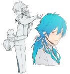  1boy animal animal_on_shoulder bird bird_on_shoulder blue_hair blush braid brown_eyes commentary_request cropped_legs dog dramatical_murder greyscale highres holding holding_animal kuwa_ayase looking_at_viewer male_focus monochrome multiple_braids multiple_views pants ren_(dramatical_murder) seragaki_aoba simple_background tori_(dramatical_murder) white_background 