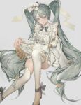  1girl :q absurdres apron aqua_eyes aqua_hair aqua_nails bow chinese_commentary commentary_request dress food-themed_hair_ornament glasscloth hair_between_eyes hair_bow hair_ornament hatsune_miku highres holding_apron long_hair looking_at_viewer macaron_hair_ornament muted_colors nail_polish solo thighhighs tongue tongue_out twintails very_long_hair vocaloid watermark weibo_watermark white_apron white_dress white_thighhighs zettai_ryouiki 