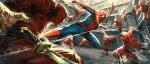  6+boys bodysuit fighting fighting_stance flying_kick highres katana kicking marvel mask midair mouth_mask multiple_boys ninja ninja_mask running silk spider-man spider-man:_brand_new_day spider-man_(original_suit) spider-man_(series) spider_web spider_web_print sumollama1 superhero_costume sword the_hand_(marvel) weapon web_shooter 