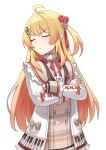  >:( 1girl ahoge blonde_hair blush brown_dress closed_eyes closed_mouth commentary crossed_arms dress english_commentary frilled_jacket frills frown hair_ornament hair_ribbon highres hololive hololive_dev_is jacket long_hair long_sleeves musical_note musical_note_hair_ornament neck_ribbon otonose_kanade otonose_kanade_(1st_costume) piano_keys piano_print plaid_clothes plaid_dress red_ribbon ribbon simple_background solo standing v-shaped_eyebrows vakuuberi virtual_youtuber white_background white_jacket 