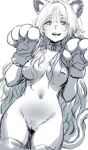  1girl :d absurdres animal_ears animal_hands bell blush breasts commentary cowboy_shot english_commentary fake_animal_ears fake_tail female_pubic_hair furrowed_brow gloves greyscale hands_up hews highres inverted_nipples jingle_bell kaoru_hana_wa_rin_to_saku large_breasts long_hair looking_at_viewer monochrome navel nipples open_mouth paw_gloves paw_pose pubic_hair pussy simple_background sketch smile solo stomach tail thighs unfinished very_long_hair waguri_kaoruko white_background 
