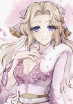  1girl belt breasts cleavage commentary_request dissidia_duellum_final_fantasy dissidia_final_fantasy dress final_fantasy final_fantasy_vi fur-trimmed_dress fur_trim hand_on_own_chest highres kirahoshi_x looking_at_viewer medium_breasts official_alternate_costume official_alternate_hairstyle parted_bangs pink_dress purple_eyes smile solo terra_branford terra_branford_(blossom_princess) upper_body white_belt 