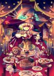  1girl ace_(playing_card) ace_of_hearts alcohol ascot black_hat blonde_hair bottle bow braid cake candle candlestand cape card commentary cowardly_lion cup curtains drinking_glass fire food fork fruit hat heart holding indoors knife long_sleeves looking_at_viewer open_mouth plate playing_card red_bow red_eyes ribbon scarecrow_(the_wizard_of_oz) shirt short_hair single_braid smile solo stuffed_animal stuffed_toy table tablecloth teacup the_wizard_of_oz tin_man_(the_wizard_of_oz) tsutomu_(hghrttm) white_shirt wine wine_bottle wine_glass witch witch_hat 