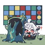  1girl ? ahoge black_gloves black_horns black_pants blush chibi chibi_only collared_shirt color_guide commentary_request curled_horns demon_tail gloves grass hair_between_eyes hand_on_own_chin highres horns long_hair looking_at_viewer medium_hair multicolored_hair necktie open_mouth pants red_eyes red_necktie shirt sitting solo streaked_hair syurikenmaru tail white_hair white_shirt wuthering_waves zani_(wuthering_waves) 