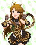  1girl :d ahoge animal_ears animal_print arm_strap blue_eyes blush breasts brown_hair card_commentary claw_pose commentary_request cowboy_shot dress fake_animal_ears fake_tail fingerless_gloves frilled_dress frills fur_collar game_asset gaogao_leopard_(idolmaster) gloves hands_up idolmaster idolmaster_million_live! idolmaster_million_live!_theater_days leopard_ears leopard_print leopard_tail long_hair looking_at_viewer medium_breasts o-ring o-ring_arm_strap official_alternate_costume official_art open_mouth print_dress print_gloves short_dress sleeveless sleeveless_dress smile solo standing tail third-party_source tokoro_megumi 