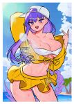  1girl asymmetrical_hair bandeau bare_shoulders baseball_cap bb_(fate) bb_(swimsuit_mooncancer)_(first_ascension)_(fate) beach blue_sky blush braid breasts cleavage commentary_request cropped_jacket fate/grand_order fate_(series) hacco_mayu hat hat_ornament jacket large_breasts long_hair long_sleeves looking_at_viewer midriff miniskirt open_mouth purple_eyes purple_hair shore single_braid skirt sky smile solo star_(symbol) star_hat_ornament thighs very_long_hair white_hat yellow_jacket yellow_skirt 
