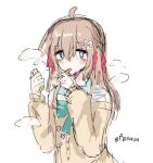  1girl ahoge aosuiwww bad_id bad_twitter_id blue_eyes blush_stickers bow brown_hair cigarette cigarette_pack green_bow hair_between_eyes hair_bow hair_ornament heart heart_hair_ornament holding holding_cigarette long_sleeves looking_at_viewer neuro-sama neuro-sama_(1st_costume) pin simple_background smoke smoking solo twitter_username vedal_ai virtual_youtuber white_background 