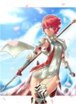  1girl absurdres armor armpits boots breasts crazzeffect fire_emblem fire_emblem_fates garter_straps gloves hair_between_eyes highres hinoka_(fire_emblem) holding holding_polearm holding_weapon japanese_armor japanese_clothes letterboxed looking_at_viewer orange_eyes outdoors polearm red_gloves red_hair short_hair small_breasts solo thick_thighs thigh_boots thighhighs thighs weapon white_armor 