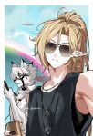  2boys aircraft alternate_costume alternate_hairstyle black_tank_top blonde_hair can cellphone closed_mouth collarbone day dirigible ear_piercing earrings expressionless furry furry_male gold_earrings grey_eyes hair_behind_ear heterochromia high_ponytail highres holding holding_can holding_phone hollow_(zenless_zone_zero) hugo_vlad jewelry long_hair looking_at_viewer maka_(mksrw) male_focus mole mole_under_eye multiple_boys necklace parted_bangs phone piercing pointy_ears ponytail red_eyes sidelocks simple_background smartphone sunglasses tank_top upper_body von_lycaon white_background zenless_zone_zero 
