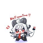  1girl ahoge anger_vein black_gloves black_horns black_pants chibi chibi_only collared_shirt commentary_request curled_horns demon_tail english_text full_body gloves hair_between_eyes high-waist_pants highres horns long_hair looking_at_viewer medium_hair multicolored_hair necktie open_mouth pants red_eyes red_necktie shirt simple_background solo standing streaked_hair syurikenmaru tail tight_clothes tight_pants v-shaped_eyebrows white_background white_hair white_shirt wuthering_waves zani_(wuthering_waves) 