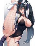  1girl abs absurdres animal_ears au_ra black_hair black_leotard blush breasts brown_eyes bunny_day cameltoe cleavage commission dragon_horns dragon_tail eyebrows_hidden_by_hair fake_animal_ears final_fantasy final_fantasy_xiv fishnet_pantyhose fishnets hair_between_eyes hair_intakes highres horns jacket large_breasts leotard lips long_hair looking_at_viewer mr-poritan open_mouth original pantyhose ponytail rabbit_ears sapphira_nyx scales smile solo split standing standing_on_one_leg standing_split tail teeth toned toned_female upper_teeth_only warrior_of_light_(ff14) white_jacket 