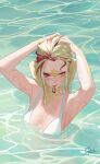  1girl absurdres adjusting_hair armpits arms_up au_ra bikini blonde_hair breasts chinese_commentary cleavage commentary_request eyeliner final_fantasy final_fantasy_xiv highres long_hair makeup medium_breasts multicolored_hair papalachiya partially_submerged purple_eyes red_streaks scales solo streaked_hair swimsuit white_bikini yellow_eyes 