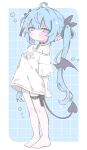  1girl absurdres ahoge arm_behind_back bat_wings black_choker black_tail blue_hair blush choker commentary_request demon_girl demon_tail demon_wings detached_wings from_side full_body heart highres jitome looking_at_viewer multicolored_hair original oversized_clothes oversized_shirt pink_eyes pink_hair ribbon shirt sidelocks single_bare_shoulder single_off_shoulder solo star_(symbol) symbol-shaped_pupils t-shirt tail tenshi_kaiwai thigh_strap twintails wa_(user_xpzf8737) wings x-shaped_pupils 
