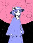  1girl analogous_colors asymmetrical_sidelocks bow capelet collarbone hair_bow hat hat_bow highres limited_palette medium_hair moon outline pink_outline purple_capelet purple_eyes purple_hair purple_hat purple_skirt ribbon-trimmed_capelet ribbon_trim shirt sidelocks skirt smile solo space touhou usami_renko white_bow white_shirt wrell 