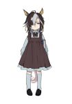  1girl 4niichi aged_down ahoge animal_ears black_shoes book bow brown_bow brown_dress brown_hair child colored_inner_animal_ears colored_inner_hair dream_journey_(umamusume) dress facing_viewer frilled_dress frills gem grey_eyes hair_between_eyes hair_ornament highres holding holding_book horse_ears horse_girl horse_tail kneehighs long_hair long_sleeves looking_at_viewer multicolored_hair puffy_long_sleeves puffy_sleeves shirt shoes simple_background socks solo streaked_hair tail tassel tassel_hair_ornament umamusume white_background white_shirt white_socks white_streaks 