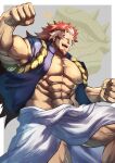  1boy abs bara bare_pectorals beard clenched_hands commentary_request earrings facial_hair highres huge_pectorals jewelry long_hair looking_at_viewer maaa_illust male_focus migi_(yomi_no_tsugai) multicolored_hair muscular muscular_male nipples pectorals red_hair sharp_teeth small_horns solo teeth two-tone_hair yomi_no_tsugai 
