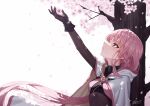  1girl 2_ru arm_up black_gloves black_shirt braid breasts cape cherry_blossoms closed_mouth commentary english_commentary expressionless eyelashes film_grain floating_hair flower from_side gloves highres holding holding_flower hood hood_down hooded_cape long_hair looking_up magia_record:_mahou_shoujo_madoka_magica_gaiden magical_girl mahou_shoujo_madoka_magica medium_breasts pink_eyes pink_flower pink_hair profile shirt side_braid signature simple_background solo soul_gem_(madoka_magica) straight_hair tamaki_iroha tree upper_body very_long_hair white_background white_cape 