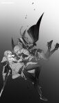  1boy 1girl absurdres baseball_bat black_boots black_gloves black_jacket black_pants boots bra_strap caelus_(honkai:_star_rail) commentary_request daochuluanpa dual_persona duel fingerless_gloves full_body gloves gradient_background greyscale high_heel_boots high_heels highres holding holding_baseball_bat holding_polearm holding_weapon honkai:_star_rail honkai_(series) hood hooded_jacket jacket long_hair looking_at_another midair mixed-sex_combat monochrome pants parted_lips polearm shirt short_hair smile spot_color stelle_(honkai:_star_rail) thigh_strap trailblazer_(honkai:_star_rail) twitter_username weapon white_shirt yellow_eyes 