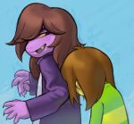  1girl 1other 482egg blue_background brown_hair colored_sclera colored_skin colored_teeth cowlick deltarune facing_away fang freckles furry furry_female green_sweater grey_tongue hair_over_one_eye head_on_another's_back height_difference jacket kris_(deltarune) looking_at_another looking_back medium_hair purple_jacket purple_skin reptile_girl shirt susie_(deltarune) sweater two-tone_sweater upper_body utdr_(toby_fox) white_shirt yellow_sclera yellow_skin yellow_teeth 