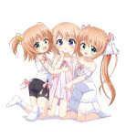  3girls absurdres arizuki_shiina ass bare_shoulders bell bike_shorts black_shorts blue_eyes blush brown_hair camisole commentary_request commission commissioner_upload crossover derivative_work dress feet girl_sandwich green_eyes hair_bell hair_ornament hairclip hand_on_another's_chest hand_on_another's_shoulder hand_on_another's_thigh highres hug kneeling kneepits kud_wafter little_busters! long_hair looking_at_viewer mogura2009 multiple_girls nanami_to_konomi_no_oshiete_abc nishimura_konomi nishimura_nanami no_shoes official_art_redraw open_mouth pantylines pink_dress pink_ribbon quad_tails ribbon sandwiched short_dress short_hair shorts siblings sisters skeb_commission smile socks soles sundress thighs twins twintails two_side_up white_camisole white_dress white_socks 