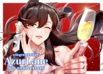  1girl alternate_costume animal_ear_fluff animal_ears artist_name atago_(azur_lane) azur_lane black_hair bow bracelet champagne_flute commentary_request cup dog_ears dog_girl drinking_glass hair_bow hand_on_own_cheek hand_on_own_face happy_anniversary holding holding_cup jewelry kagiyama_(clave) long_hair looking_at_viewer mole mole_under_eye nail_polish necklace open_mouth pearl_necklace red_background red_nails ring solo upper_body white_bow yellow_eyes 