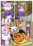  bat bbmbbf blaze_the_cat breasts cat clothing comic dialog feline female fingering mammal masturbation mobius_unleashed palcomix pussy rouge_the_bat sega shocked sonic_(series) spread_legs spreading teeth text 