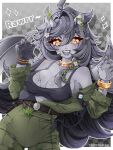  1girl ahoge armlet belt blush breasts broken_horn chinchiarty cleavage collar colored_skin cracked_skin diamond-shaped_pupils diamond_(shape) fangs fingerless_gloves flower gargoyle gloves gold_armlet gold_collar green_jumpsuit grey_gloves grey_hair grey_horns grey_nails grey_skin grey_sports_bra grey_wings hair_between_eyes hair_flower hair_intakes hair_ornament highres horns indie_virtual_youtuber jax_(vtuber) jewelry jumpsuit large_breasts long_hair looking_at_viewer moss open_jumpsuit open_mouth rock_skin single_glove smile solo spiked_collar spikes sports_bra symbol-shaped_pupils virtual_youtuber white_flower wings yellow_eyes 