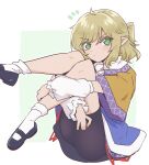  1girl arm_warmers bike_shorts black_shoes blonde_hair blue_skirt blush brown_shirt closed_mouth commentary_request frown full_body green_eyes half_updo hugging_own_legs knees_to_chest knees_up looking_at_viewer medium_hair mizuhashi_parsee pointy_ears scarf shio_(futatsumami) shirt shoes short_sleeves simple_background skirt socks solo touhou v-shaped_eyebrows white_arm_warmers white_scarf white_socks wide_sleeves 